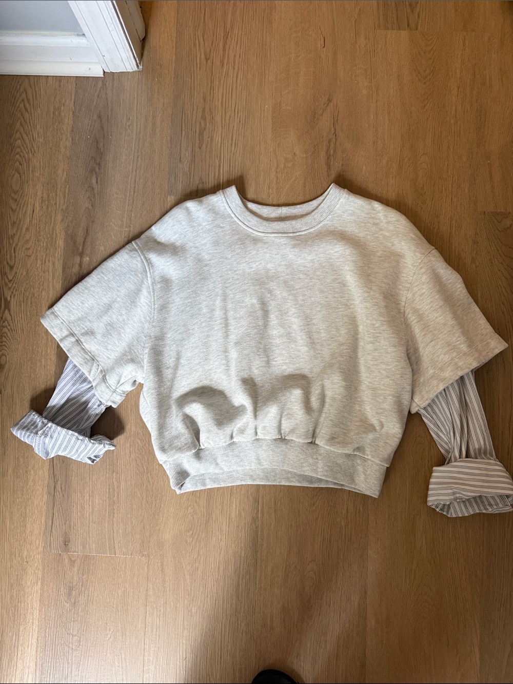 Zara Light Heather Gray Layered-Look Sweatshirt with Striped Cuffs